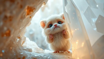 Sticker - Cute Kitten Peeking Through Crystal Cave.