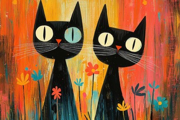 Poster - Two black cats stand side by side, their colorful eyes glimmering against a bright, artistic background filled with flowers