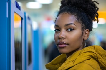 Young black woman at voting booth during United States of America elections, Generative AI