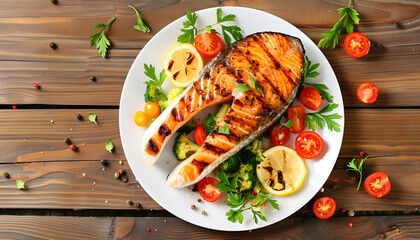 Poster - plate of grilled salmon steak with vegetables on wooden table, top view