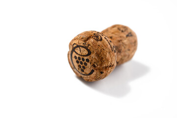 Wine bottle cork Isolated on white background. One Wooden Cork Close up.