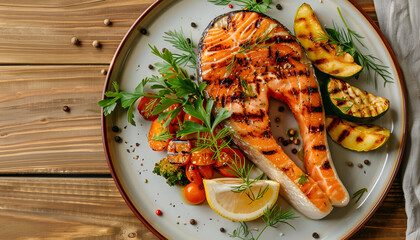 Poster - plate of grilled salmon steak with vegetables on wooden table, top view