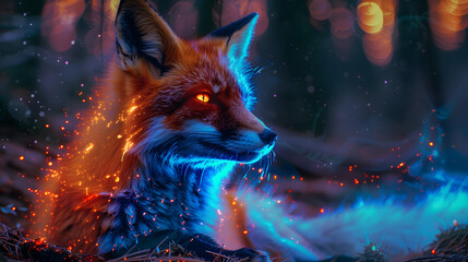 Wall Mural - A fox is sitting in the woods with a bright orange glow surrounding it. 