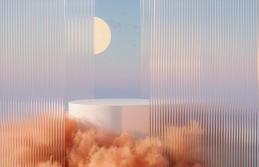 Poster - Natural podium backdrop for product display with orange cloud smoke. Halloween concept background. 3d rendering