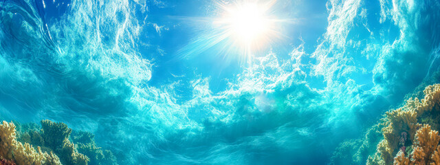 Wall Mural - A beautiful blue ocean with a sun shining on it