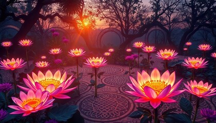 Wall Mural - Pink Lotus Flowers Blooming in Enchanted Forest at Sunset.