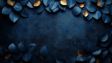 a blue background with gold leafy designs
