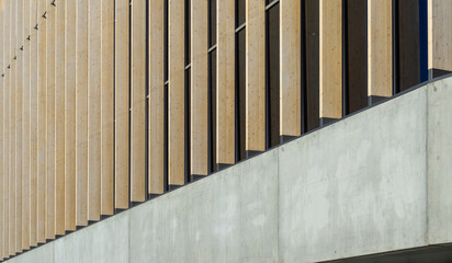 Detail of Modern Facade. Wooden Planks and Concrete.