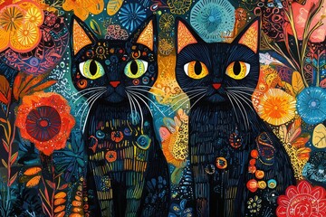 Aufkleber - two black cats with bright, expressive eyes stand amidst a lush, colorful garden filled with flowers