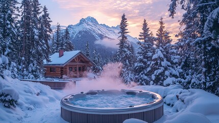 Wall Mural - A hot tub steams in the snowy wilderness as a cozy cabin rests nearby under a glowing sunset against majestic mountain peaks