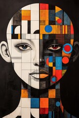Poster - A striking abstract portrait showcases a split faces, incorporating geometric shapes and vibrant colors on a dark background
