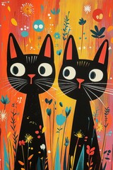 Poster - Two playful black cats with big eyes stand in a bright garden full of colorful flowers and playful background patterns