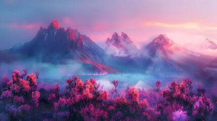 Wall Mural - A beautiful mountain landscape with a pink and purple sky and a lake. 