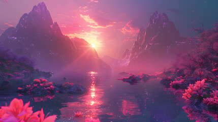 Wall Mural - A beautiful mountain landscape with a sun in the sky. The sun is setting and the sky is a mix of pink and blue. 