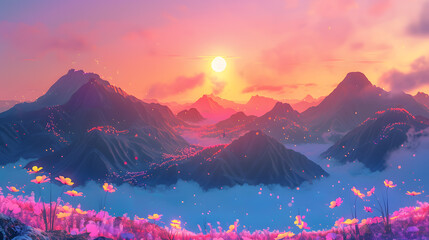 Wall Mural - A beautiful mountain landscape with a sun in the sky. The sun is setting and the sky is a mix of pink and blue. 