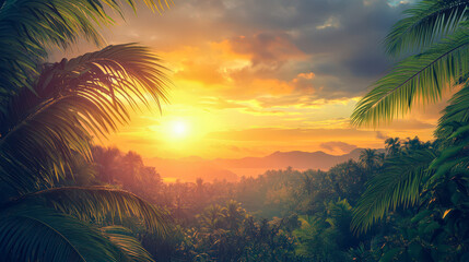 Wall Mural - a beautiful sunset over a lush green jungle with palm trees