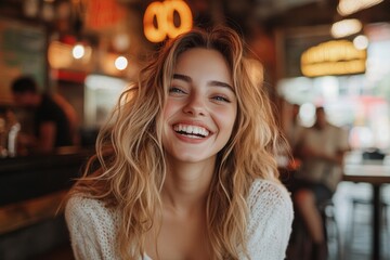 Young woman having fun while her boyfriend is photographing her in  cafÃ©, Generative AI