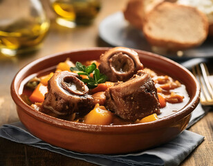 Poster - A hearty and savory Spanish oxtail stew, known as ‘Rabo de Toro,’ served in a traditional clay pot, garnished with fresh herbs, showcasing the rich culinary heritage of Spain