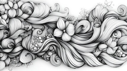 Leinwandbilder - A detailed illustration showcases flowing lines resembling hair, intertwined with floral designs and bubbles in black and white