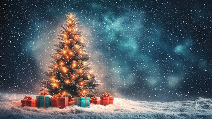 Poster - Twinkling lights adorn a Christmas tree as snow falls gently around it, creating a festive atmosphere with brightly wrapped gifts at its base