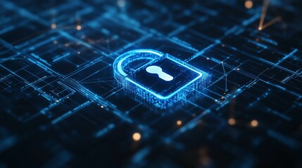 Poster - digital padlock symbolizing cybersecurity concepts on a dark blue circuit background
