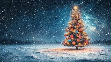 Canvas Print - The scene captures a glowing Christmas tree adorned with colorful decorations and presents, surrounded by a tranquil wintry landscape