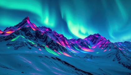 Poster - Aurora Borealis Over Snowy Mountains.