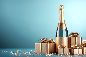 champagne bottle and golden gift box, greeting new year card