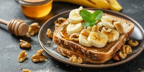 Poster - A plate of toast with banana slices and walnuts on top. The plate is on a table with a jar of honey and a banana peel