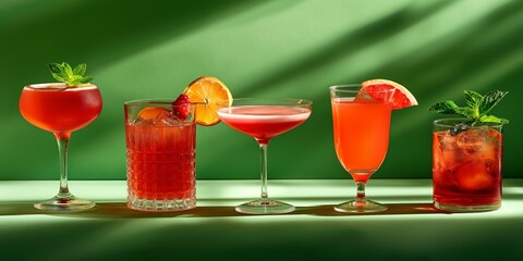 Wall Mural - A row of drinks with a green background. The drinks are in different shapes and sizes, including martini glasses, wine glasses, and shot glasses. The drinks are garnished with fruit, such as oranges