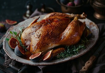 Deliciously Roasted Whole Duck Garnished With Fresh Herbs and Figs