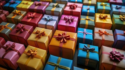 Poster - Vibrant, beautifully wrapped gifts in various colors and sizes are packed closely together, creating a festive atmosphere suitable for a celebration