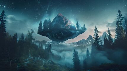 Wall Mural - A mountain with a tree on top of it is floating in the sky. 