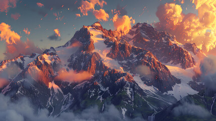 Wall Mural - A mountain range with a large, red and orange cloud in the sky