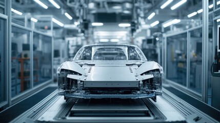 Poster - Robotics at work in an electric car factory, blending cutting-edge technology with streamlined production processes