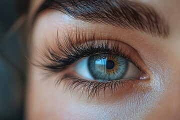 Poster - A close-up view reveals a woman's striking blue eye, accentuated by long eyelashes and smooth skin, capturing the beauty in natural light