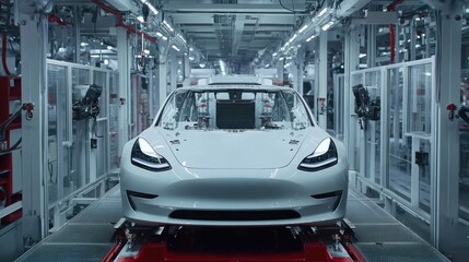 Poster - Robotics at work in an electric car factory, blending cutting-edge technology with streamlined production processes