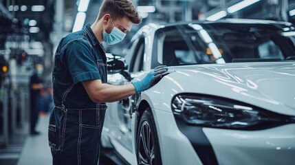 Poster - A mechanic wearing a mask meticulously examines the surface of a shiny, newly assembled vehicle in a bustling automotive factory