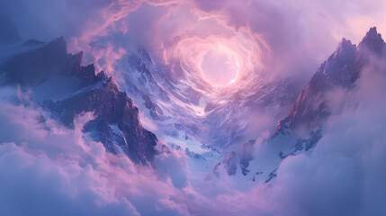 Wall Mural - A mountain range with a large hole in the middle. The sky is a mix of purple and blue