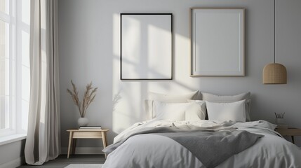 Wall Mural - Cozy modern bedroom with natural light, neutral tones, and minimalist decor in the afternoon