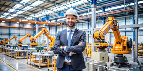 Two male project managers standing in a modern industrial factory, wearing hard hats and business suits, reviewing paperwork and discussing operations