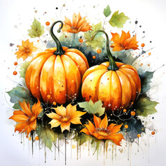 Poster - Watercolor pumpkins with autumn leaves, Thanksgiving Day, harvest, t-shirt design, background art wallpaper, print, for printing, poster, wall painting, interior - generative AI