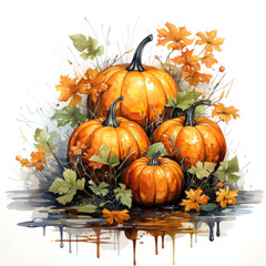 Poster - Watercolor pumpkins with autumn leaves, Thanksgiving Day, harvest, t-shirt design, background art wallpaper, print, for printing, poster, wall painting, interior - generative AI