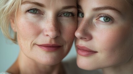 Wall Mural - A close-up portrait of a mother and daughter showcasing their bond and similar features indoors during daylight