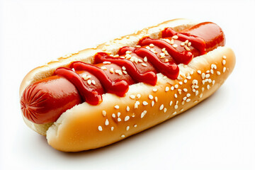 delicious hot dog with ketchup isolated on white background.