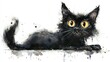 © ธิดาพร สูญราช - Watercolor painting of a witchs cat with a mischievous grin, playful and dark, isolated on white background