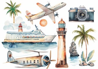 Wall Mural - Various watercolor images of a sea cruise with an airplane, a lighthouse, a pier, a camera, seagulls, and sand