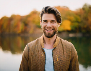 Happy Man Smiling in an Outdoor Autumn Setting Headshot Portrait