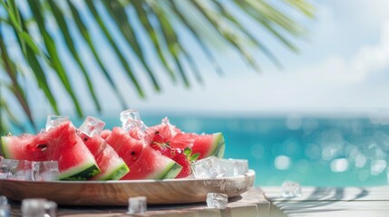 Fresh sweet ripe watermelon slices on table in tropical luxury vacation resort