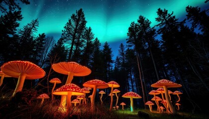 Wall Mural - Glowing Mushrooms in a Forest at Night.